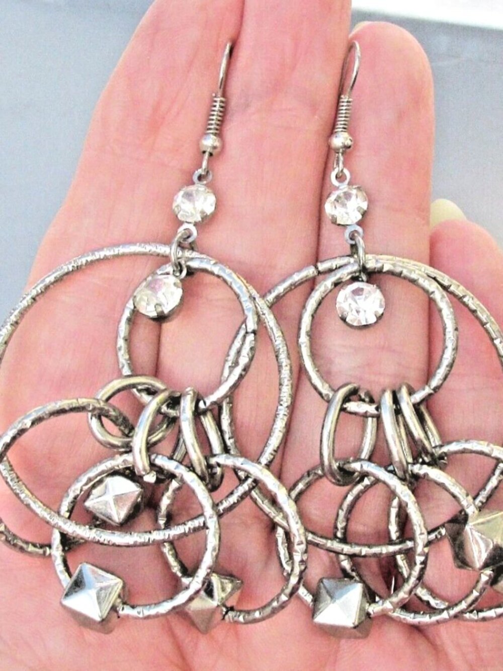 Vintage Silver Tone Rhinestone Hammered Multi HOOP Long DANGLE Earrings